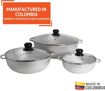 IMUSA Colombian 3 Piece Caldero Set with Glass Lids, Cast Aluminum Dutch Oven Pots, 1.5Qt 3.5Qt and 7Qt Traditional Hispanic Cookware for Rice, Beans, Soups, Stews, and Braised Meals