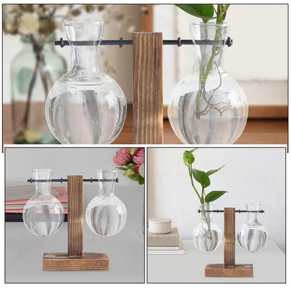 VALICLUD 3Pcs High Borosilicate Glass Flower Vases with Holes and Wooden Stand, Hydroponic Plant Propagation Jars for Indoor Terrarium and Floral Arrangement