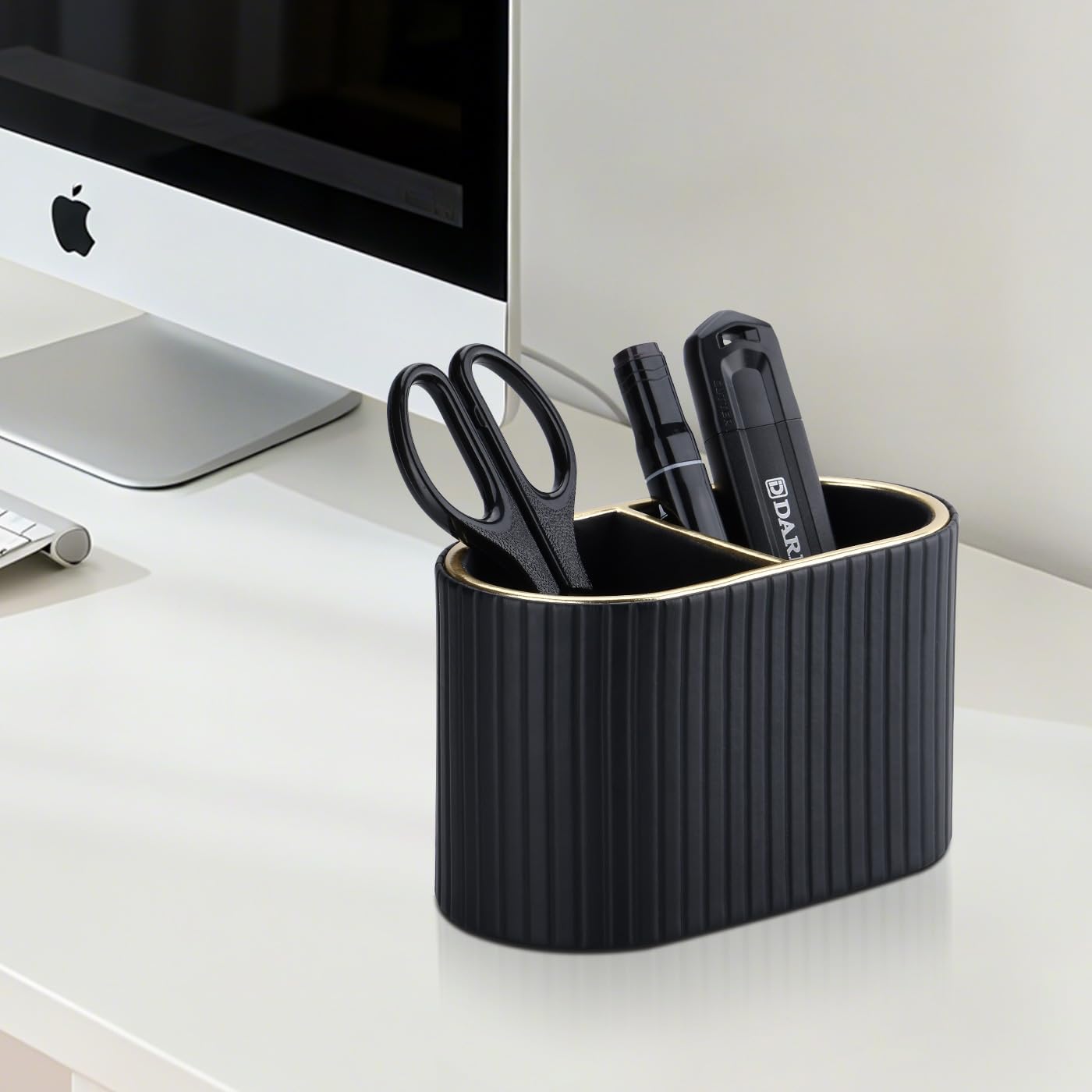 KINGFOM PU Leather Desk Organizer Pen Holder – Dual-Compartment Stylish Pencil Cup Remote Control Holder Desktop Supplies and Accessories Organizer Caddy for Office Home School (Black)