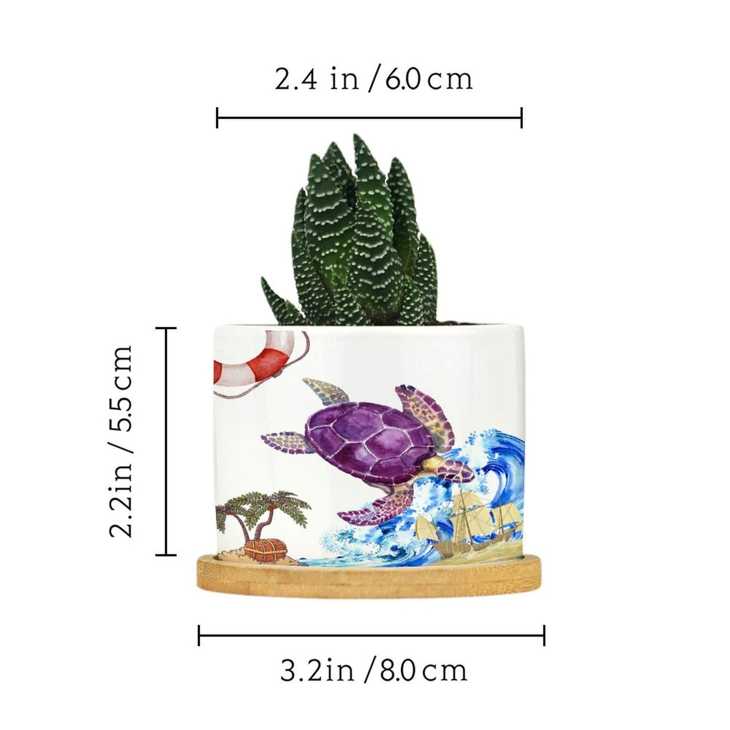 DreamAutumn Ocean Theme Sea Turtle Planter Ceramic Round Plant Pots with Drainage Holes and Bamboo Tray Planting Small Flower Pots for Home Windowsill Desk Garden Indoor Outdoor Use