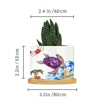DreamAutumn Ocean Theme Sea Turtle Planter Ceramic Round Plant Pots with Drainage Holes and Bamboo Tray Planting Small Flower Pots for Home Windowsill Desk Garden Indoor Outdoor Use