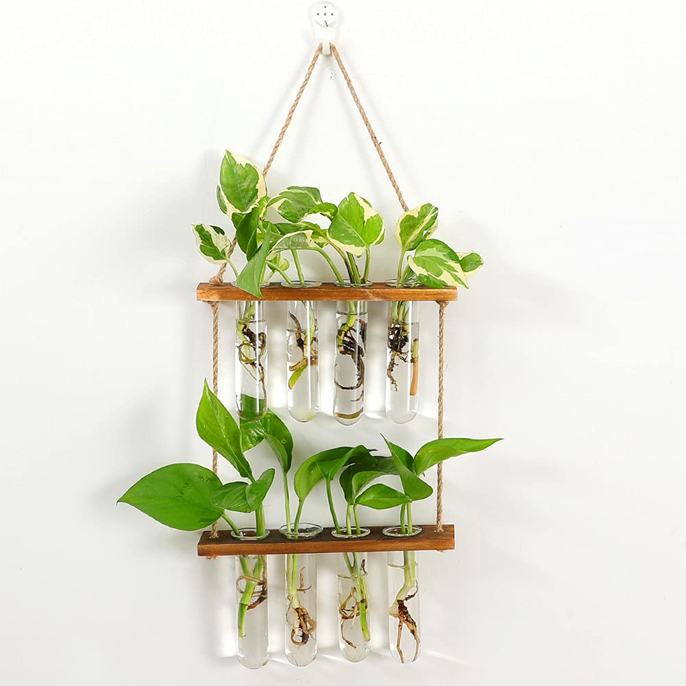 Hiuxume 2 Tiered Wall Hanging Planter, Wooden Stand with Glass Planter Test Tube Vase for Hydroponic Plant Propagation, Perfect for Indoor and Outdoor Decor