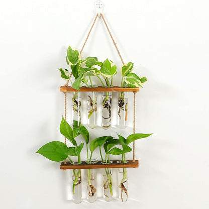 Hiuxume 2 Tiered Wall Hanging Planter, Wooden Stand with Glass Planter Test Tube Vase for Hydroponic Plant Propagation, Perfect for Indoor and Outdoor Decor