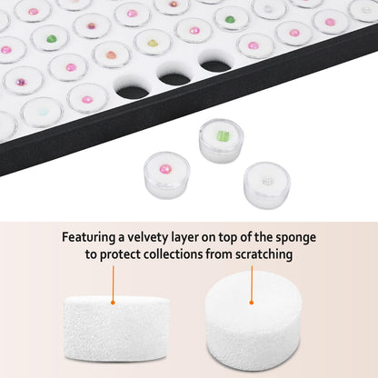 Ikee Design White Foam Gem Jars Showcase Stackable Display Tray for Collectibles, Home Organization Storage Box with 50 Gemstones and Bead Storage Jars, White Foam/Black Tray
