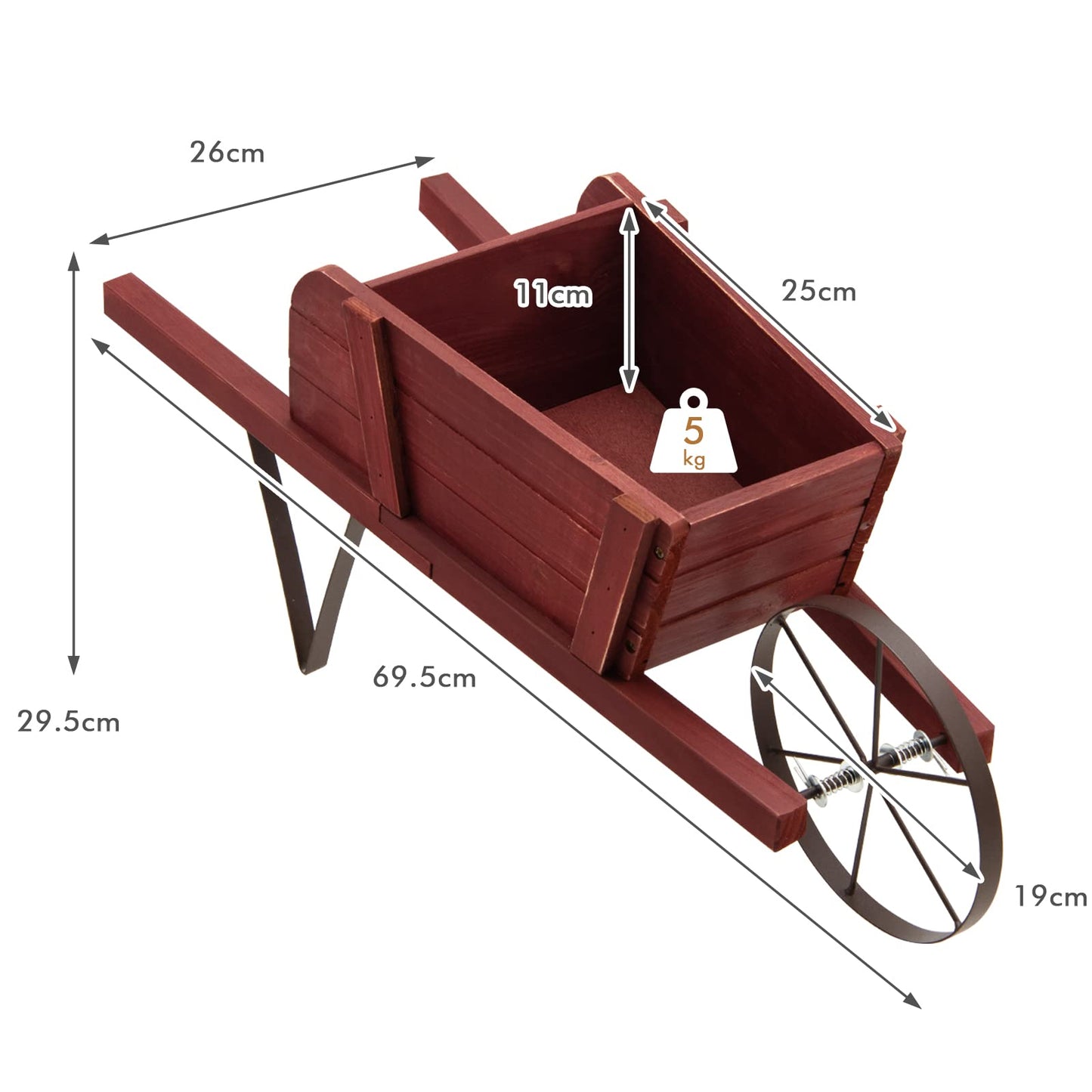 S AFSTAR Wood Wheelbarrow Planter, Flower Plant Pot Wheelbarrow Cart w/Metal Wheel & 9 Replaceable Magnet Accessories, Wooden Wagon Planter Wheelbarrow Decor for Outdoor Garden Backyard (Red)
