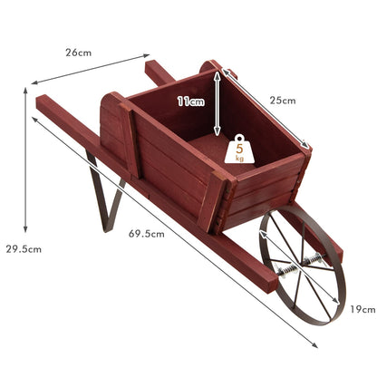 S AFSTAR Wood Wheelbarrow Planter, Flower Plant Pot Wheelbarrow Cart w/Metal Wheel & 9 Replaceable Magnet Accessories, Wooden Wagon Planter Wheelbarrow Decor for Outdoor Garden Backyard (Red)