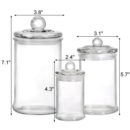 Suwimut Set of 3 Glass Apothecary Jars with Lids, Bathroom Canisters Storage Container Jars, Decorative Small Glass Apothecary Jar for Cotton Swabs, Cotton Balls, Makeup Sponges, Bath Salts