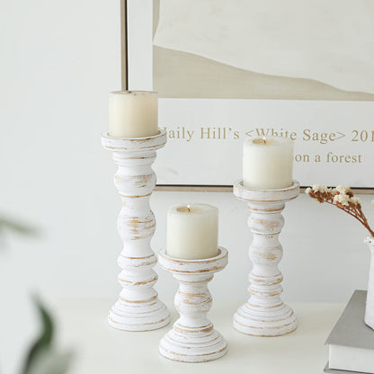SWALLOWLIVING Rustic Farmhouse Wood Pillar Candle Holder Set of 3 for Candlestick, White
