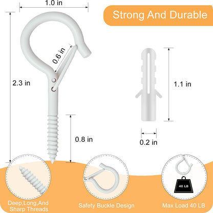 KULOLO Black Screw Hooks with Safety Lock 2.3" Rustproof Metal Ceiling Hooks for Hanging Plants, Baskets,String Lights & Outdoor Decor, 40LB Capacity (30, White)