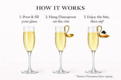 FluteSpoon™ Gold Appetizer Spoon for Champagne, Wine & Cocktails – Rim-Hanging Stainless Steel Serving Spoon – Set of 4