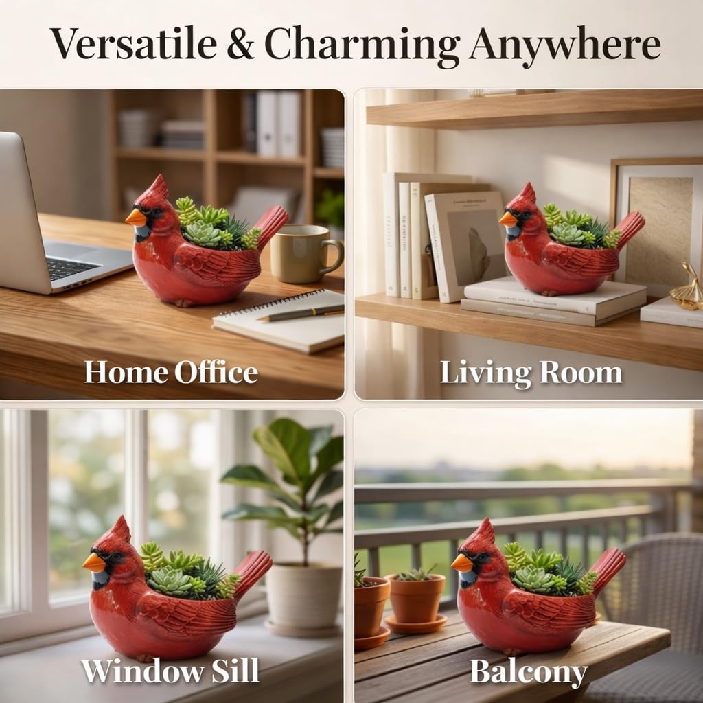 Smilamo Cardinal Bird Succulent Planter, Red Resin Decorative Flower Pot, Bird Flower Pot & Outdoor Planter Pot, Resin Cardinal Flower Pot for Desk & Garden Decor, Unique Gift Idea (Red)
