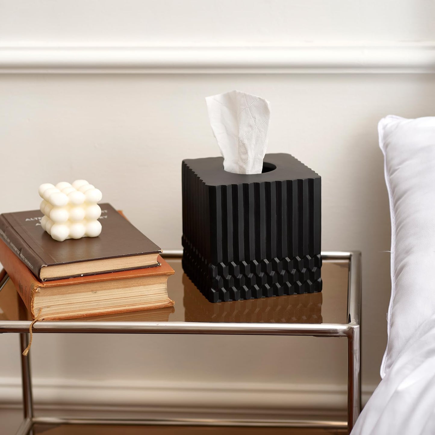 Black Tissue Box Cover Square, Tissue Box Holder for Bathroom Countertop,Vanity, Tabletop, Bedroom Night Stand,Office and Living Room Decorative - Modern Geometric Striped Tissue Paper Dispenser
