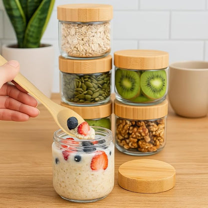 TBWIND 4 Pack 10oz Glass Jars with Bamboo Lids, Spoons, Airtight Overnight Oats Containers, Wide Mouth Mason Jars, Food Storage Container for Yogurt Salad Snacks Spice Sugar Meal Prep – Reusable