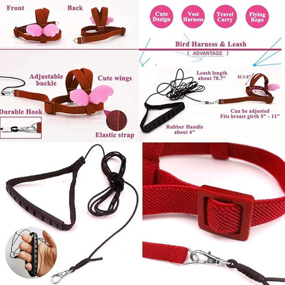 Birds Adjustable Harness and Leash, Parrot Outdoor Flying Training Traction Rope Straps with Cute Wing for Small Animal Birds, Parrots, Pigeons, Lizard, Turtles (M,Red)
