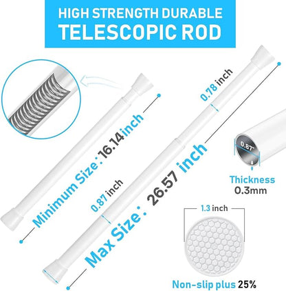 MEXAU White Tension Rod 16 To 26 Inch Spring Curtain Rod Adjustable Tension Curtain Rods No Drilling Short Tension Rod Extendable Small Spring Tension Curtain Rod for Closet Cupboard Bars Refrigerator