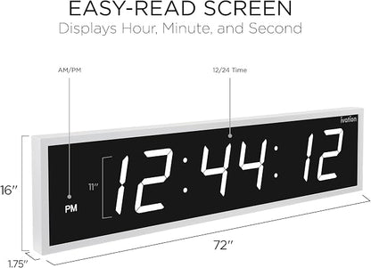 Ivation Huge Oversized 72" Large Digital LED Clock | Big Digital Clock w/Multi-Function Display – Stopwatch, Timer, Alarms, Temp & Date | 6 Brightness Levels, Time Memory & Remote (White)