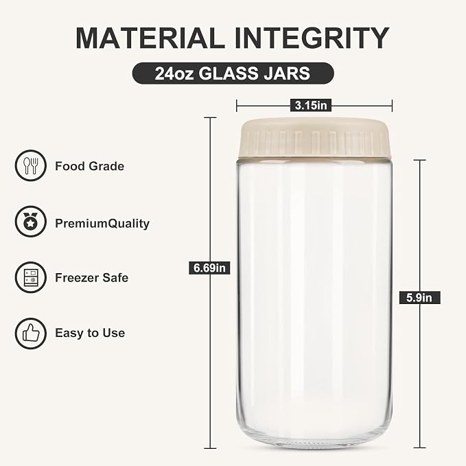 SHOWIN Overnight Oats Containers with Lids, 24oz Glass Jars with Lids 4 pcs, Wide Mouth Mason jars for Salad, Yogurt, Snacks, Meal Prep