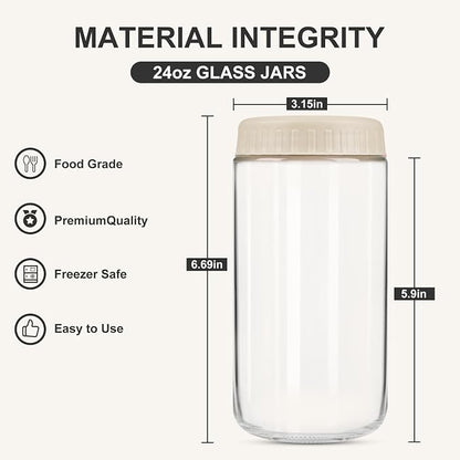 SHOWIN Overnight Oats Containers with Lids, 24oz Glass Jars with Lids 4 pcs, Wide Mouth Mason jars for Salad, Yogurt, Snacks, Meal Prep