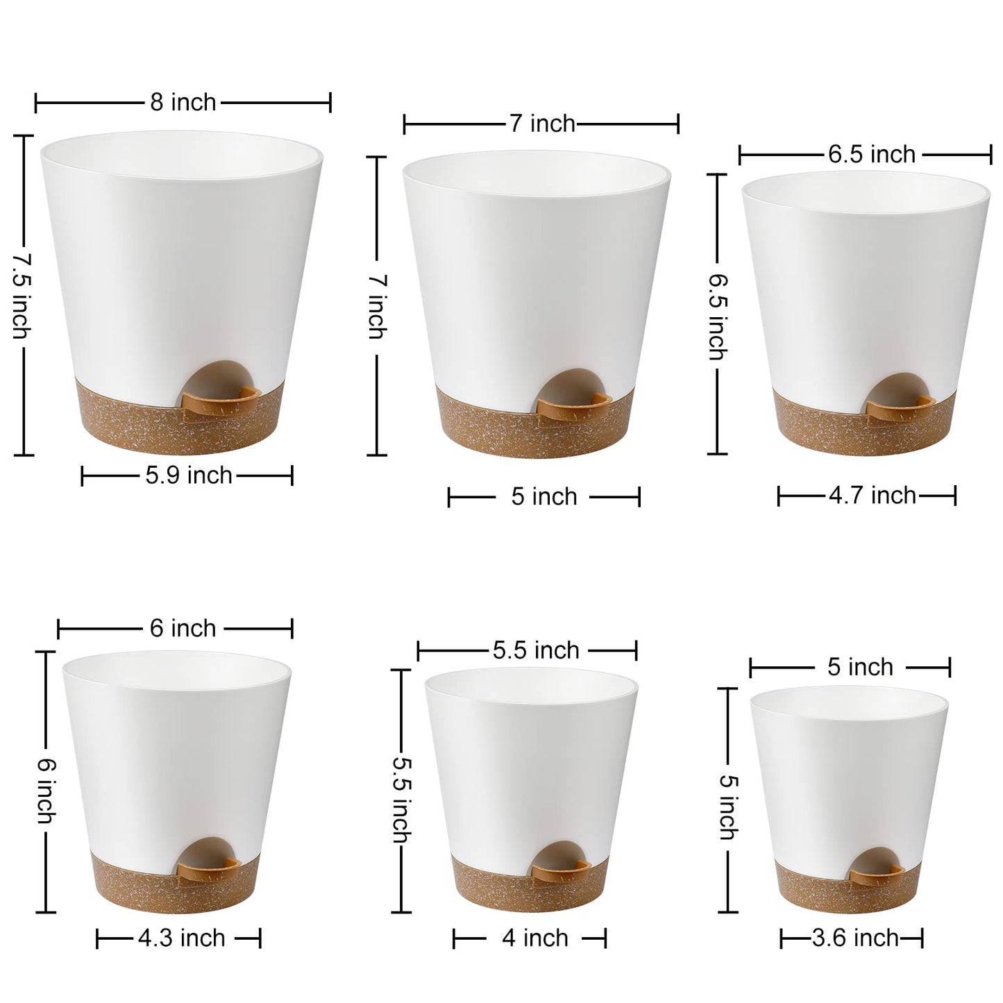 YNNICO Indoor Self Watering Planters with Drainage Holes and Saucers, 8, 7, 6.5, 6, 5.5, 5 Inches, White, 6 Pots