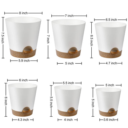 YNNICO Indoor Self Watering Planters with Drainage Holes and Saucers, 8, 7, 6.5, 6, 5.5, 5 Inches, White, 6 Pots