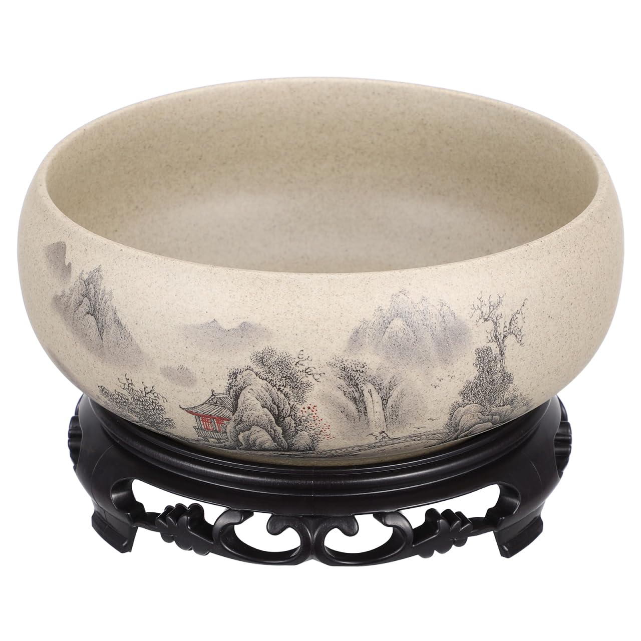 Angoily Pottery Lotus Bowl Planter Bonsai Tree Pot Ceramic Flower Pot No Drainage Hole Hydroponic Water Lily Bowl with Base 6.7 Inch Round Narcissus Container for Indoor Zen Home Decor