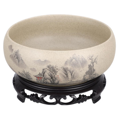 Angoily Pottery Lotus Bowl Planter Bonsai Tree Pot Ceramic Flower Pot No Drainage Hole Hydroponic Water Lily Bowl with Base 6.7 Inch Round Narcissus Container for Indoor Zen Home Decor