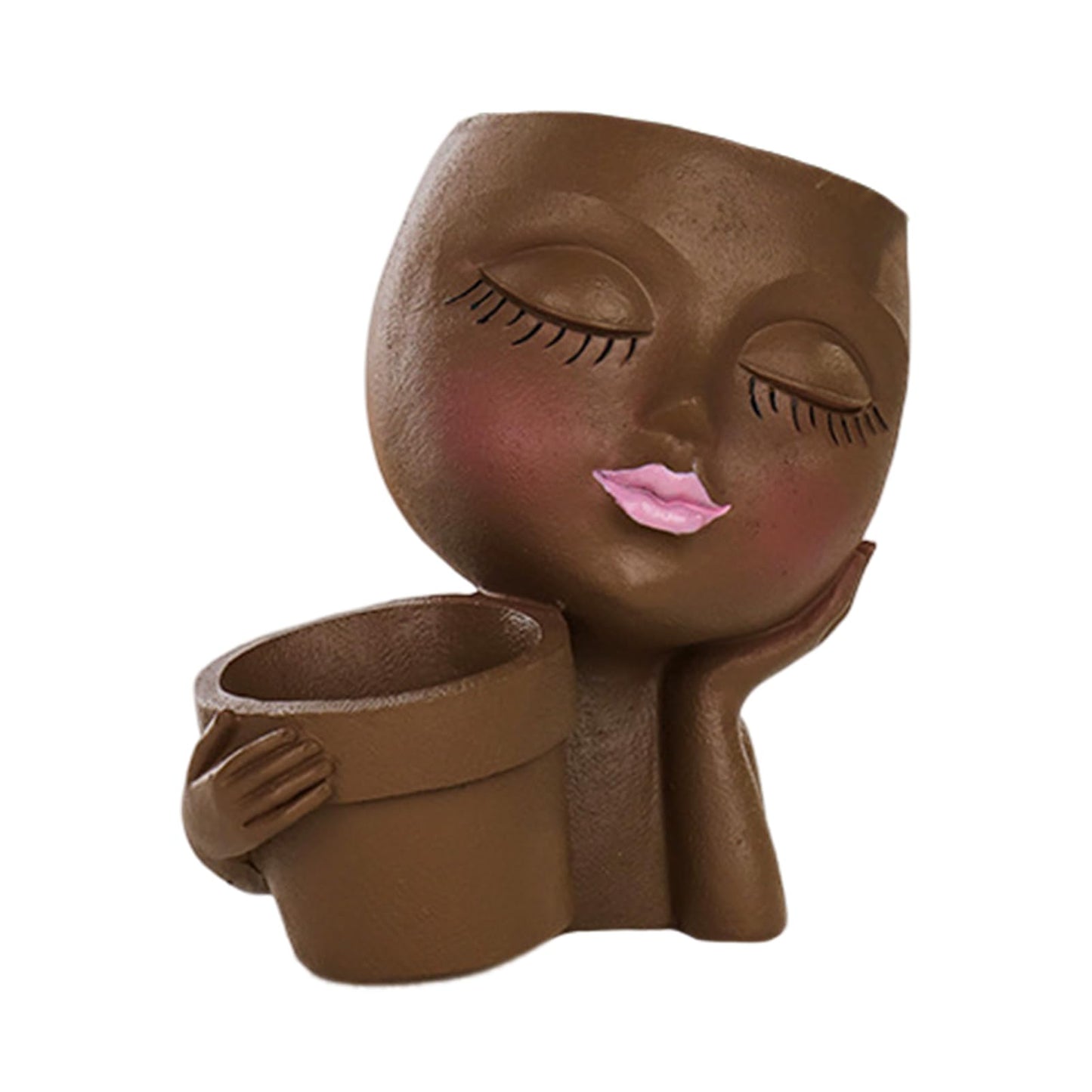 Rivonthex Face Planter Pot with Dual Compartments, Resin Lady Head Planter with Drainage Holes, 6.3 x 4.3 x 6.7 in, Two Openings 3.2 in and 2.4 in, for Succulents Indoor Outdoor, Brown