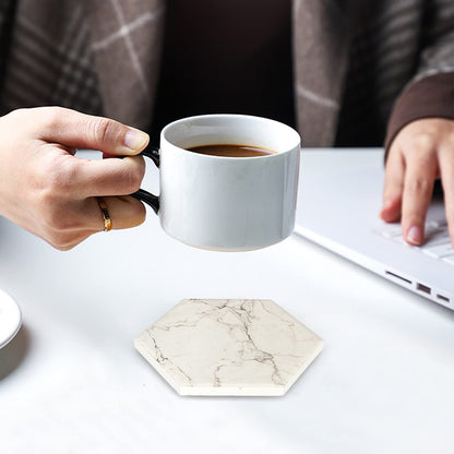 6 Pack Cute Marble Absorbent Stone Coaster Set with Holder Cool Cork Coster Modern White Ceramic Coasters Bar Desk Cup Drink Coasters Funny Coffee Table Decor Kitchen Unique Coster posavasos
