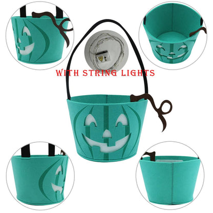 Six Senses Media Light Up Teal Pumpkin Halloween Felt Trick or Treat Bucket, with Blue LED lights, Halloween Party Favors, Halloween Snacks, Goodie Bags for Kids, Novlety Gifts