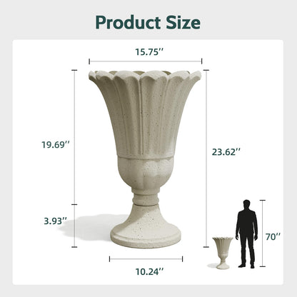 Trygoal 23.6" Tall Plastic Urn Planters for Outdoor Plants, Set of 2 Heavy-Duty Classic Indoor Large Flower Pots with Drainage Holes & Petal Design, Outdoor Planters for Porch, Home Garden, White