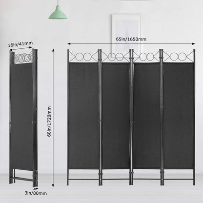 4 Panel Room Divider 6.8FT Steel Frame Screen Folding Privacy Divider Freestanding Partition for Home Office Bedroom, Black