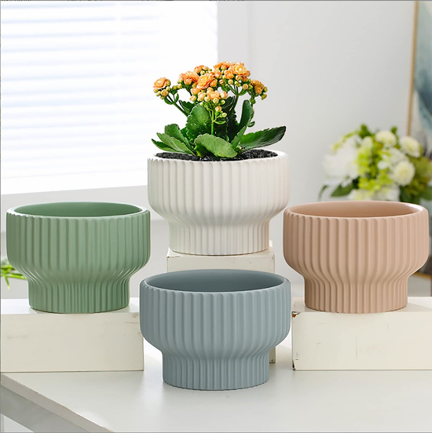 Puoyik 2 Piece Set of Flower Pots 8/6 inches, Ceramic Flower Pots with Drainage Holes, Indoor and Outdoor Plant Flower Planter (7.8/5.9 Blue)