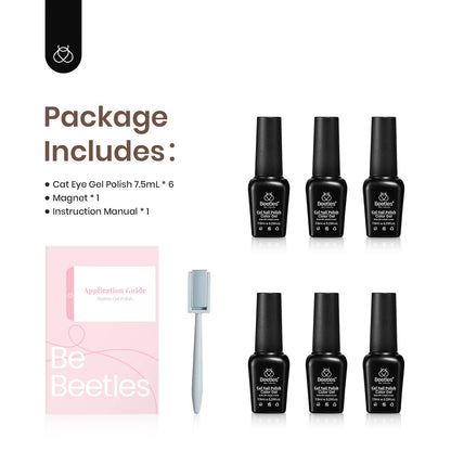 Beetles Cat Eye Gel Nail Polish Set, 6 Colors Glitter Red Pink Shiny Brown Burgundy Purple Blue Green Magnetic Effect Sparkle Stunning Nail Gel Polish Kit Soak Off UV Manicure Gifts for Women