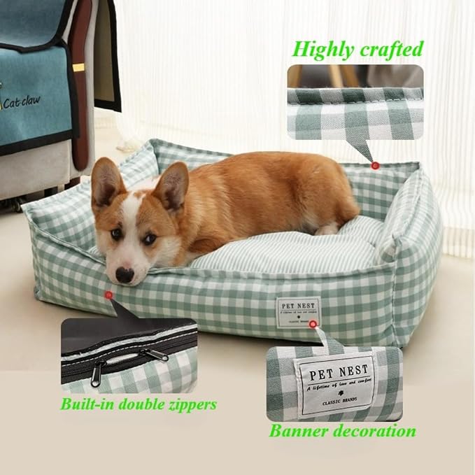 Orthopedic Rectangle Dog Bed for Medium Small Dogs, Plaid Plush Modern Puppy Sofa Bed with Anti-Slip Bottom, Cute Calming Pet Bed(Khaki,Medium)