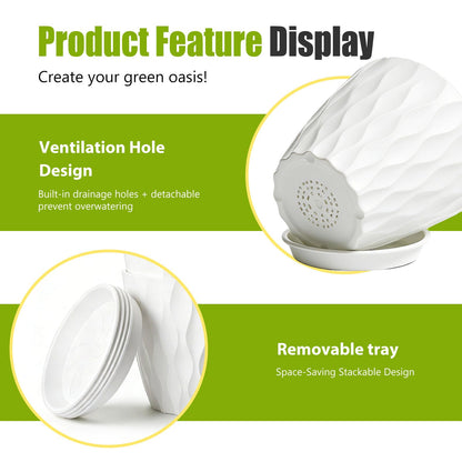 SQKH 8 Inch Plastic Plant Pots,Set of 5 Flower Pots,Planters with Drainage Holes & Saucers, Indoor Outdoor Garden Pots for Home Decor(White)
