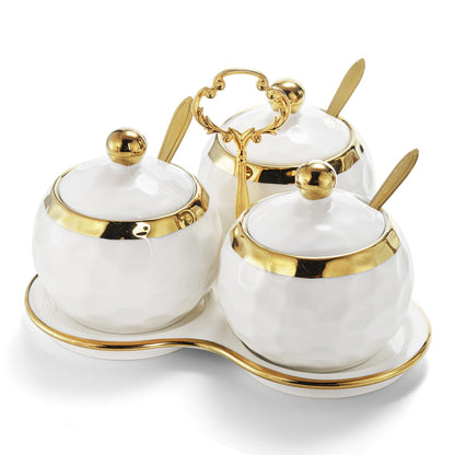 Foraineam Porcelain Condiment Pot Sugar Bowl Spice Jars with Lid, Spoon and Tray, Salt Container Spice Box Seasoning Pots, White Sugar Salt Bowls Set for Kitchen, Restaurant, Coffee Bar, Set of 3