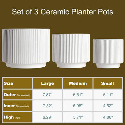 QINLANG White Ceramic Planters for Indoor and Outdoor Plants, White Plant Pot Set of 3 (7.8/6.5/5.1 inch), Ceramic Flower Pots for Plants with Drainage