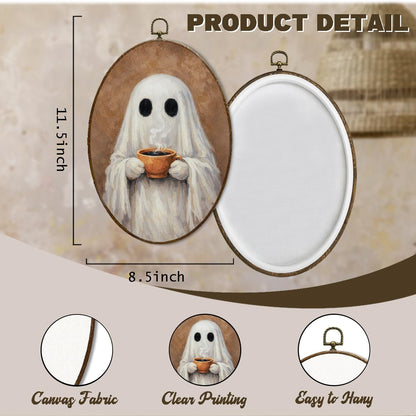 Ghost Drinking Coffee Cup Oval Wall Art, Cozy Spooky Decor for Kitchen Dining Room Living Room, Whimsical Decoration for Coffee Lovers 8.5×11.5 Inch