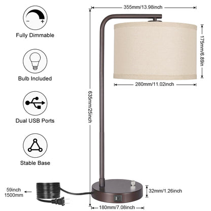 25" Tall Table Lamp with USB C+A Ports, Fully Stepless Dimmable Modern Minimalist Bedside Nightstand Lamp, Reading Desk Lamp for Bedroom, Living Room, Study Room, Office, 9W 3000K LED Bulb Included