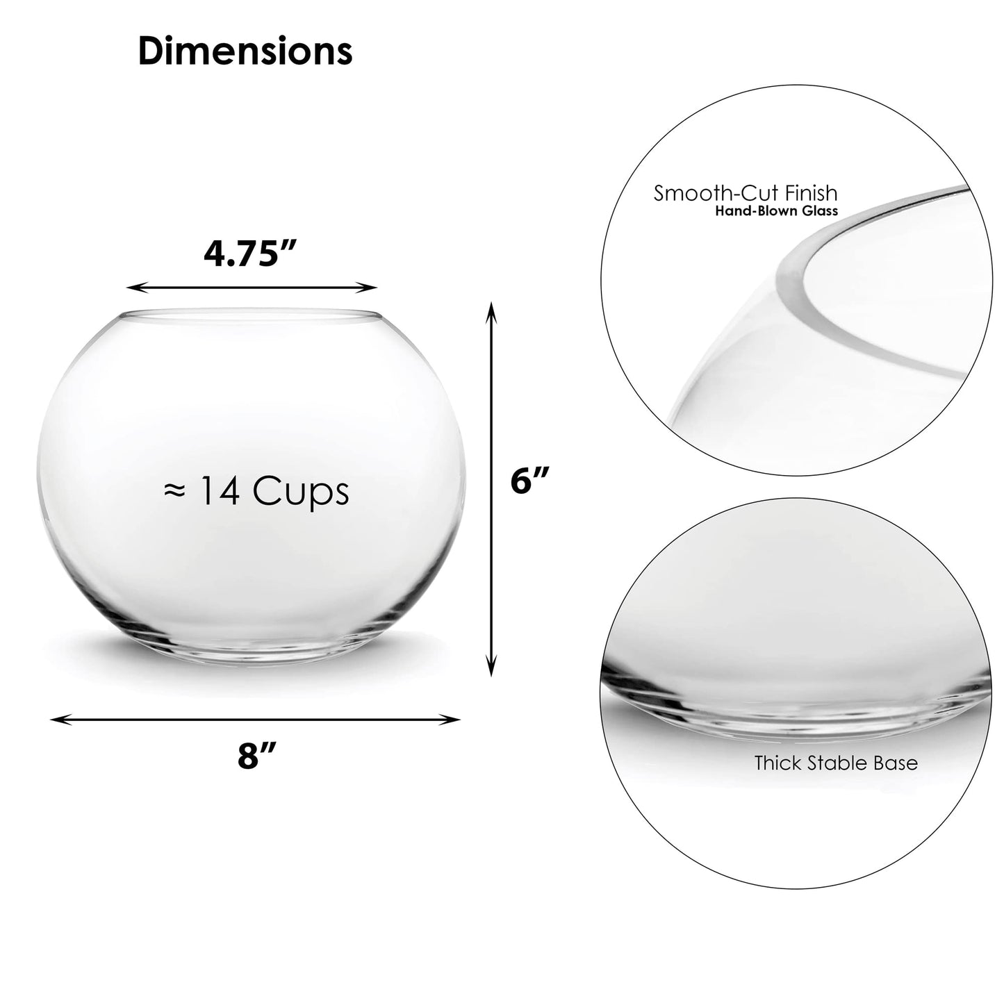CYS EXCEL Glass Bubble Bowl (H-6" W-8", Approx. 3/4 Gal.) Small Fish Bowl Round Terrarium Vase Globe Flower Centerpiece for Weddings Events Arrangements