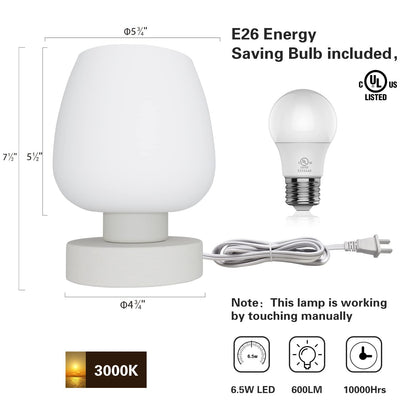 ONEWISH Small Bedside Lamp for Bedroom, 3-Way Dimmable Touch Control, 600 Lumen Bright Opal Glass Shade, 7.5 Inch Ultra Compact Nightstand Lamp, Warm White 2700K LED Bulb Included, Modern Design