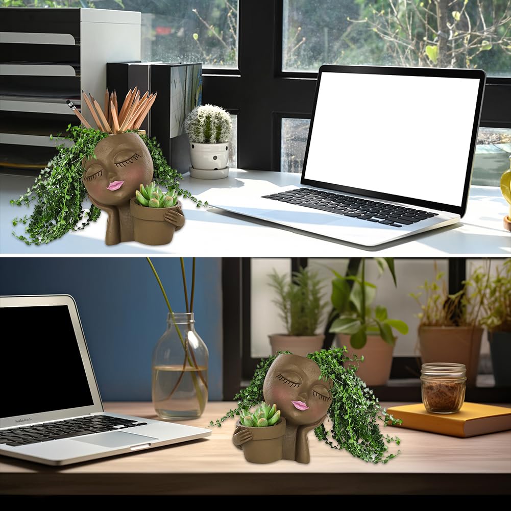 Rivonthex Face Planter Pot with Dual Compartments, Resin Lady Head Planter with Drainage Holes, 6.3 x 4.3 x 6.7 in, Two Openings 3.2 in and 2.4 in, for Succulents Indoor Outdoor, Brown