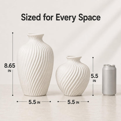White Ceramic Vase Set of 2 - Modern Flower Vases for Home Decor - Rustic Textured White Vase for Living Room Decor - 8.65×5.5 & 5.5×5.5 Inch Round Vases for Dining Table Centerpiece Decoration