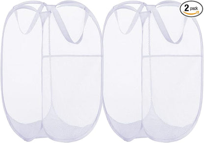 BATTOO Deluxe Strong Mesh Pop up Laundry Hamper Basket with Side Pocket for Laundry Room, Bathroom, Kids Room, College Dorm or Travel 2 Pack White