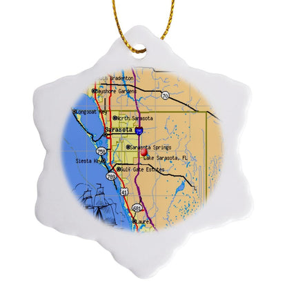 3dRose Print of Sarasota and Keys with Ghost Ship 3 inch Snowflake Porcelain Ornament