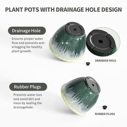 Flower Pots, 8 Inch Plastic Plant Pots for Plants, Set of 4 Planter for Indoor Outdoor Plants with Drainage Hole, Sleek Small Nursery Planting Pot for Home Garden Outdoor Planters(Green Glaze)