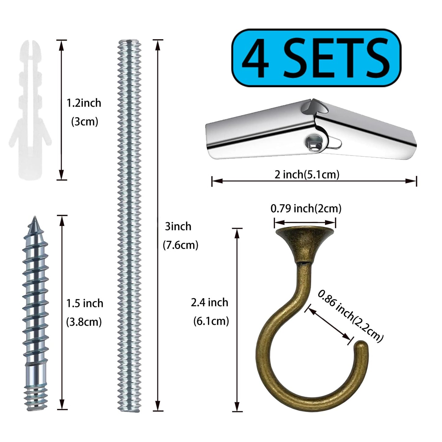 Evsteluo 4 Sets Heavy Duty Swag Ceiling Hooks with Hardware for Hanging Plants, Cavity Wall Fixing, Easy Installation, Holds Up to 30lbs, Ideal for Home & Garden (4 Sets, Antique Brass)