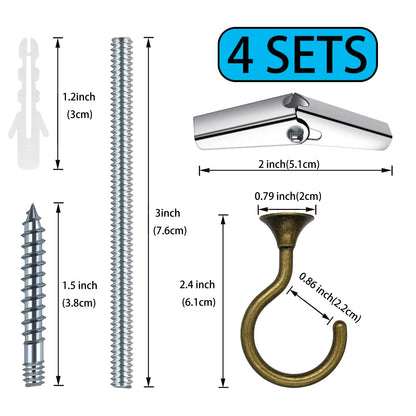 Evsteluo 4 Sets Heavy Duty Swag Ceiling Hooks with Hardware for Hanging Plants, Cavity Wall Fixing, Easy Installation, Holds Up to 30lbs, Ideal for Home & Garden (4 Sets, Antique Brass)