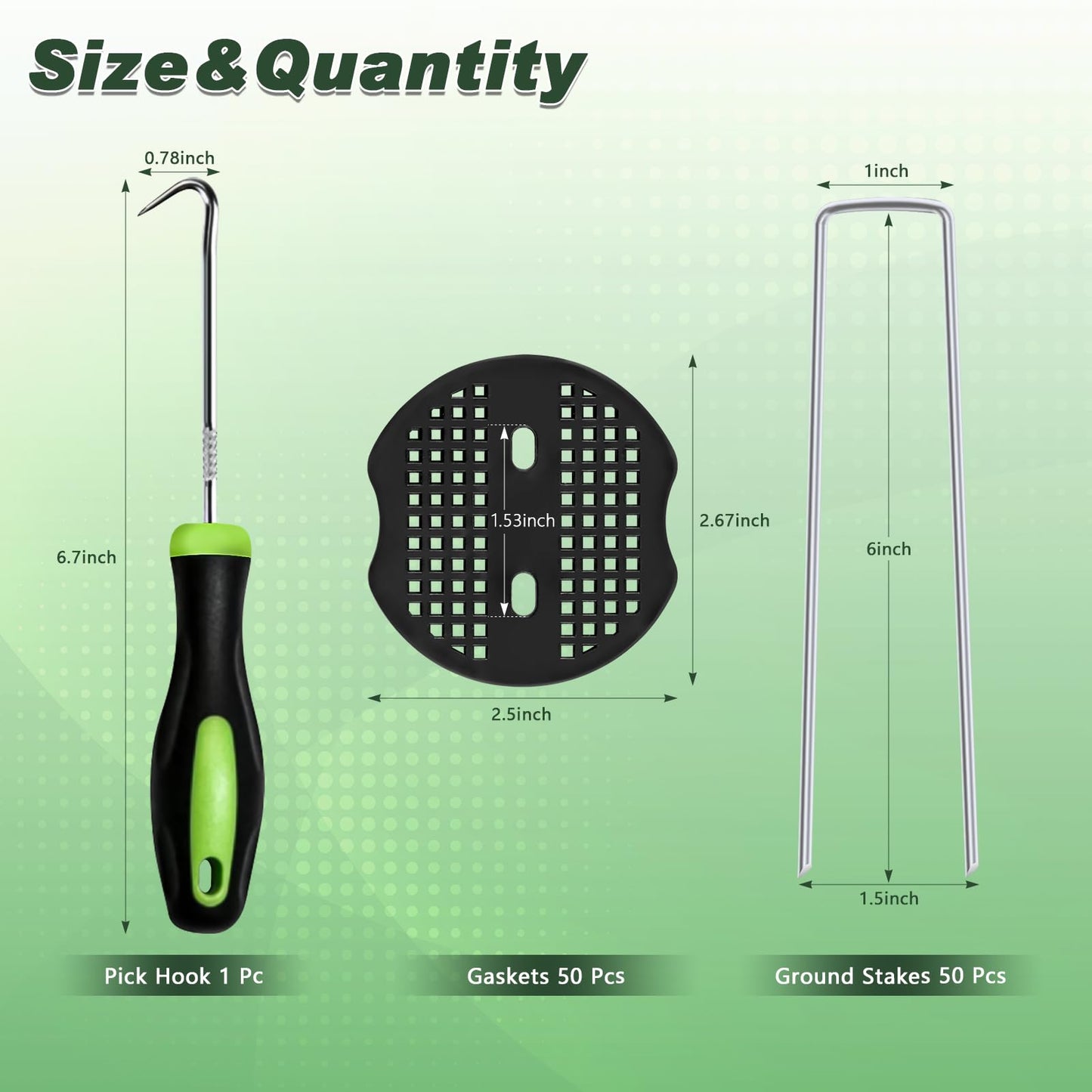 FEED GARDEN Landscape Staples 6 Inch 50 Pack Kit, Heavy Duty 11 Gauge Hot-Dip Galvanized Garden Stakes with 50 Gaskets & 1 Pick Hook for Weed Barrier, Landscape Fabric, Sod, Turf & Garden Edging
