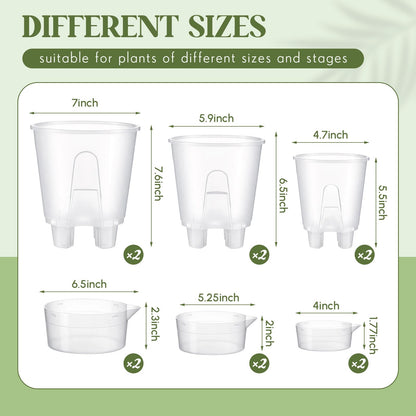 Wonderjune 6 Pcs Self Watering Plant Pots, 4.72''/ 5.91''/ 7.09'' Nursery Pots with Deep Reservoir & High Drainage Holes for Outdoor Plants and Flowers, Bare Root Planter(Clear)